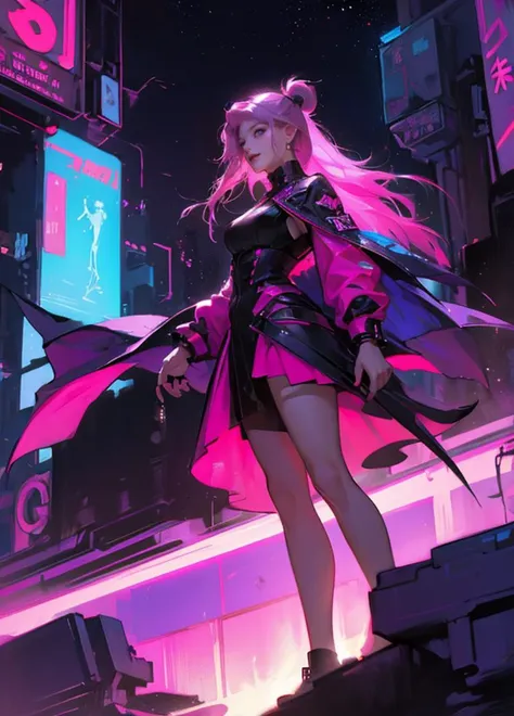 (beautiful face), (detailed face), smiling, cyberpunk city, ((night)), (neon lights), 1girl, bright purple hair, pink hair, curvy figure, black leather shorts, coat, neon hair pins, high contrast, hd
<lora:OilPaint:0.4>