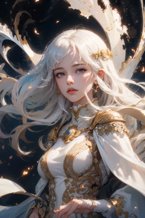 (absurdres, highres, ultra detailed), 1woman, mature female, aged up, wavy long hair, white hair, black eyes, bangs, long sleeves, finely detailed eyes and detailed face, extremely detailed CG unity 8k wallpaper, intricate details,  looking down, solo, half shot, detailed face, stoic expression, dynamic pose, flowing hair, classical era, (ancient roman theme:1.1), roman mythology,  Roman empire,  Capua, ancient vineyard, oracle,  cape,  iron accessories, ancient theme, (flourishing civilization:1.1), pristine white marble, (intact:1.1) marble buildings,  hills in background, brazier, burning embers, night, darkness, stars, aura of light, majestic atmosphere, floating stone particles,, portrait, wind swirling