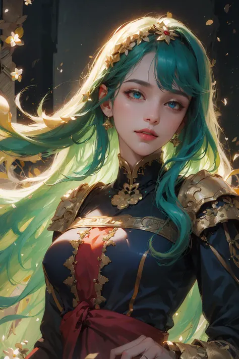 (absurdres, highres, ultra detailed), 1woman, mature female, aged up, wavy long hair, green hair, ruby eyes, bangs, long sleeves, finely detailed eyes and detailed face, extremely detailed CG unity 8k wallpaper, intricate details, looking down, solo, (full body:0.6), detailed background, detailed face, (renaissance theme:1.1), medieval fantasy (bard:0.8), happy expression, dancing, dynamic pose, colorful laced clothes, music, joyful atmosphere, street, music, music emanating, floating musical notes, musical notes, bright lighting, flowers, party, performance,, portrait
