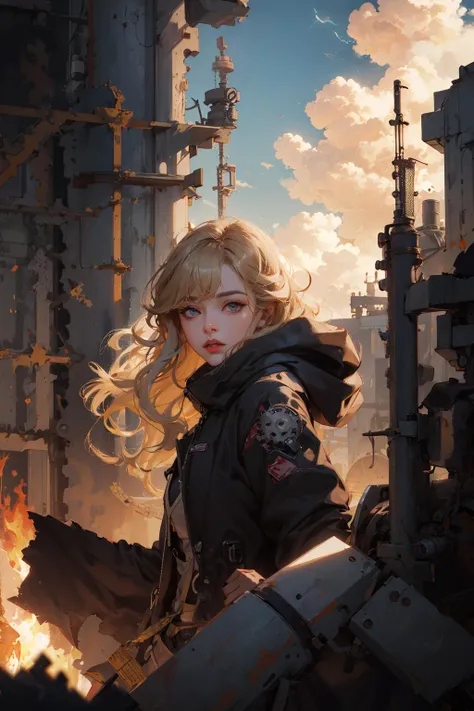 (absurdres, highres, ultra detailed), 1woman, mature female, aged up, wavy long hair, medium blonde hair, hazel eyes, bangs, long sleeves, finely detailed eyes and detailed face, extremely detailed CG unity 8k wallpaper, intricate details, (style-rustmagic:0.8), (medieval cyborg:0.8), portrait,  looking at viewer, solo, (full body:0.6), detailed background, (retro-futuristic, teslapunkai, <lora:teslapunkai_v20:0.4> theme:1.1) determined expression, dynamic pose, bright clouds engineer, floating lights, color dirty clothes , techwear, hood, goggles,  abandoned ruins in background,  gears, steam, industry, technology, furnace, oil, anvil, screen,  switches, rivets,    lightning , portrait