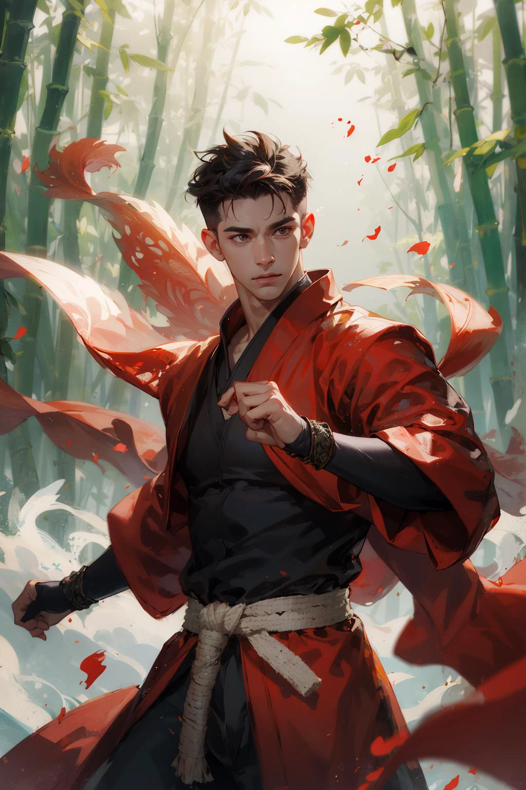 (absurdres, highres, ultra detailed), 1 male, mature, aged up, handsome, tall muscular guy, broad shoulders, very short hair, undercut, dark brown eyes, finely detailed eyes and detailed face, extremely detailed CG unity 8k wallpaper, intricate details, (style-swirlmagic:0.7), looking at viewer, solo, (full body:0.6), detailed background, detailed face, (european medieval fantasy theme:1.1), hair flowing in the wind, martial artist, dynamic pose, fighting stance, clenched fist, fingerless gloves, wristwraps, dragon themed clothes, monk robes, bamboo forest in background, swirling floating particles, dynamic composition, mystical eastern medieval atmosphere,