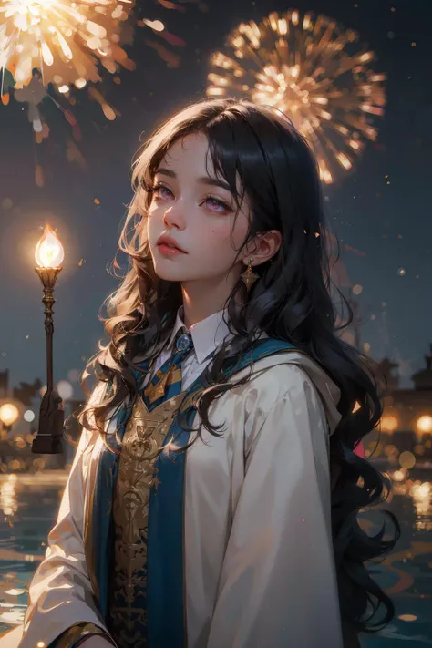 (absurdres, highres, ultra detailed), 1woman, mature female, aged up, wavy long hair, gradient hair, pink eyes, bangs, long sleeves, finely detailed eyes and detailed face, extremely detailed CG unity 8k wallpaper, intricate details,  looking down, solo, half shot, detailed background, detailed face, (Hogwarts theme:1.1), Hogwarts student, concentrating, (ravenclaw:1.1), magical amulet,  robe, (style-swirlmagic:1.0),    controlling water, spiral water,  stream of water, <lora:WatervfxCreateMore_v1:0.4>, quidditch pitch in background, night sky, fireworks,  golden snitch, ethereal atmosphere, backlighting,, portrait