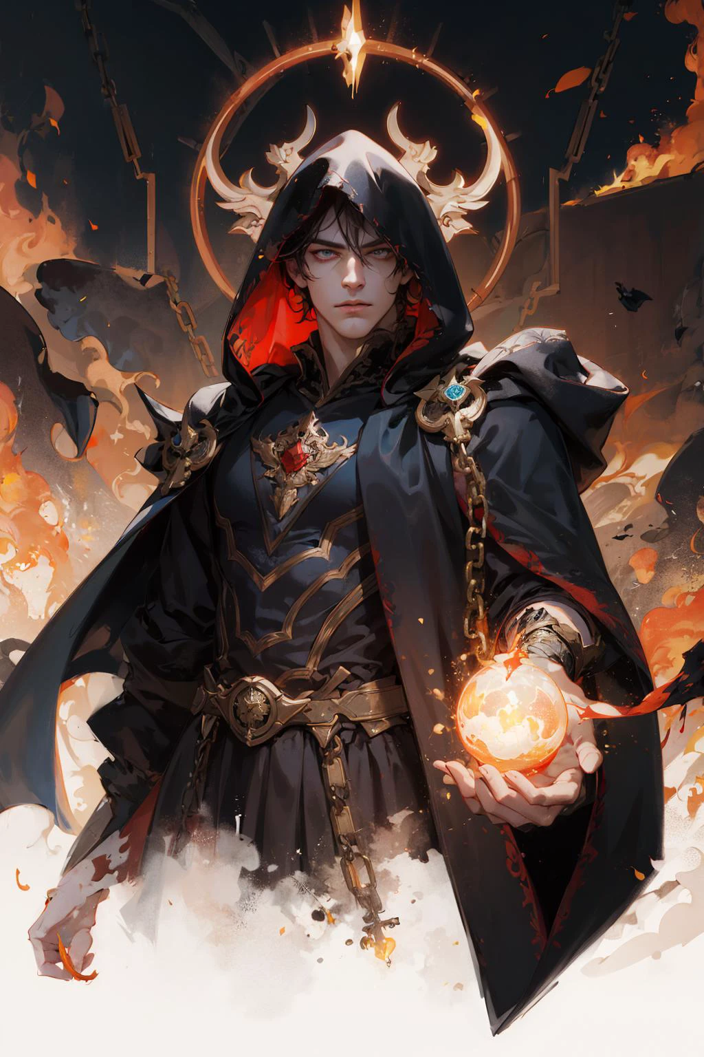 (absurdres, highres, ultra detailed), 1 male, mature, aged up, handsome, tall muscular guy, broad shoulders, very short hair, undercut, aquamarine eyes, finely detailed eyes and detailed face, extremely detailed CG unity 8k wallpaper, intricate details, (style-swirlmagic:0.8), portrait, looking at viewer, solo, (full body:0.6), dynamic pose, detailed background, madness in eyes, hovering in the air, necromancer, evil to the core, red clouds, casting a spell, fireball, hooded dark robe, dark circlet, underworld, warhammer theme, bringer of the false light, dark clouds, floating pieces of dirt, decadence, evil energy emanating, dark aura, broken shackles, , cowboy shot