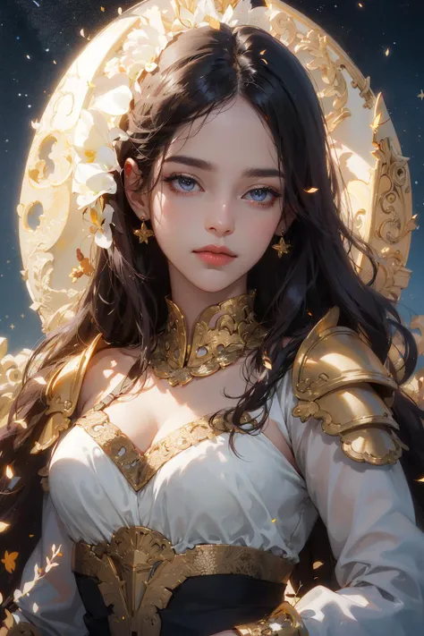 (absurdres, highres, ultra detailed), 1woman, mature female, aged up, wavy long hair, chestnut hair, grey eyes, bangs, long sleeves, finely detailed eyes and detailed face, extremely detailed CG unity 8k wallpaper, intricate details, portrait, looking at viewer, solo, half shot, detailed face, soft smile, dynamic pose,  classical era, (ancient greek theme:1.1), greek mythology,  Athens, macedonian,   ruler , blue simple armor, laurel,  ancient theme, (flourishing civilization:1.1), pristine white marble, (intact:1.1) ancient temple, mediterranean landscape, ancient city  in background, brazier, burning embers, night, darkness, stars,   , portrait