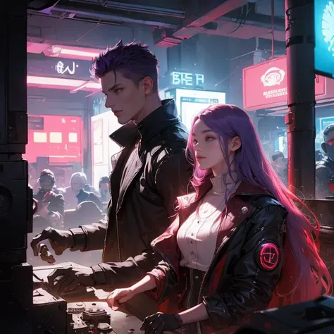masterpiece, best quality, couple, man and woman, upper body, pastel purple hair, long red hair, [cyberpunk|steampunk], neon lights, gears, indoors, window, night, scenery
