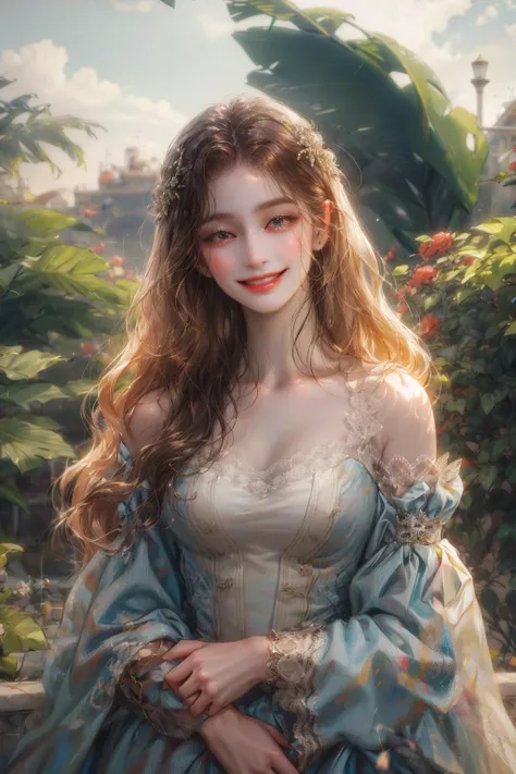 (absurdres, highres, ultra detailed), 1girl, solo, mature, Baroque, long dress, long sleeve, elegant, colorful, highest detailed, upper body, outdoors, garden, light smile, (closed mouth) <lora:LORA-Victorian Style:1> <lora:add_detail:1>