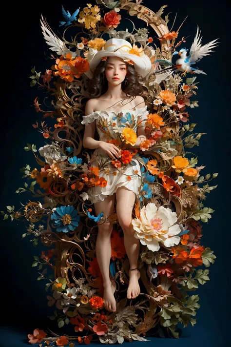1girl,(full body:1.4),dolichoscelia,bare foot,solo,hat flower,
cinematic lighting,strong contrast,romantic realism style,high level of detail,(dreamlike scenes),Rose,Yellow flower,Red flower,The bird,unit,Make up,jewel,Headwear,<lora:bj_Alice:0.7> ,dress,bare shoulders, style-swirlmagic