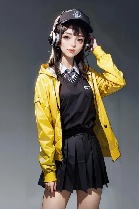 ((best quality, masterpiece, absurbres, super-resolution)), 1GIRL , SOLO , SHIRT, SWEATER,COWBOY_SHOT, BLACK_SKIRT,SCHOOL_UNIFORM,, JACKET, GREY_BACKGROUND,HEADPHONES, HAT  <lora:Chinese fashion girl:0.2>