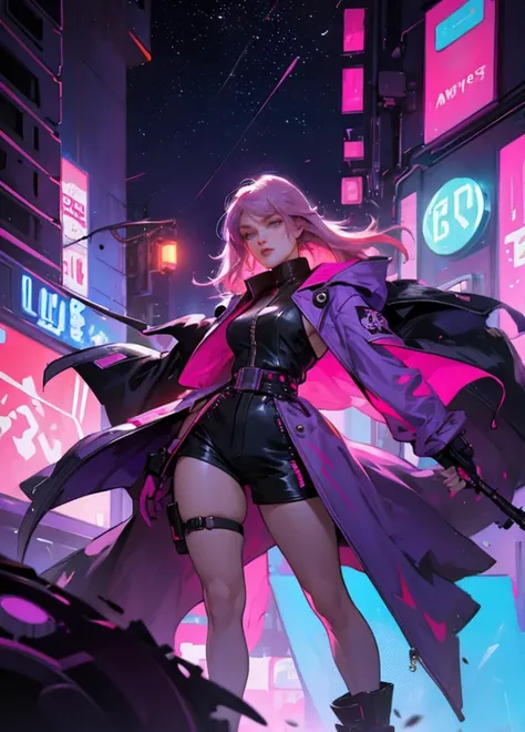 cyberpunk city, ((night)), (neon lights), 1girl, bright purple hair, pink hair, curvy figure, shorts, coat, neon hair pins, high contrast, hd
<lora:OilPaint:0.4>