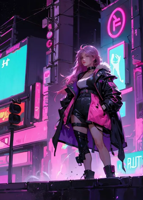 cyberpunk city, ((night)), (neon lights), 1girl, bright purple hair, pink hair, curvy figure, shorts, coat, neon hair pins, high contrast, hd
<lora:OilPaint:0.4>