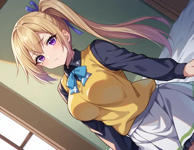score_9, score_8_up, score_7_up, source_anime,
maikawakami, <lora:mai-kawakami-ponyxl-lora-nochekaiser:1>,
mai kawakami, blonde hair, hair ribbon, long hair, mole, mole under eye, ribbon, side ponytail, purple eyes
school uniform, skirt, vest, yellow vest, skirt, white skirt,
indoors, bed, bed room, on side,
looking at viewer, dutch angle, cowboy shot,