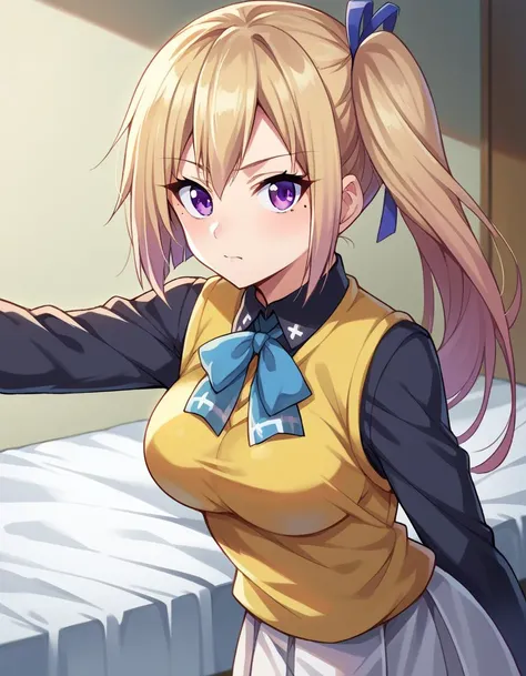score_9, score_8_up, score_7_up, source_anime,
maikawakami, <lora:mai-kawakami-ponyxl-lora-nochekaiser:1>,
mai kawakami, blonde hair, hair ribbon, long hair, mole, mole under eye, ribbon, side ponytail, purple eyes
school uniform, skirt, vest, yellow vest, skirt, white skirt,
indoors, bed, bed room, on side,
looking at viewer, dutch angle, cowboy shot,