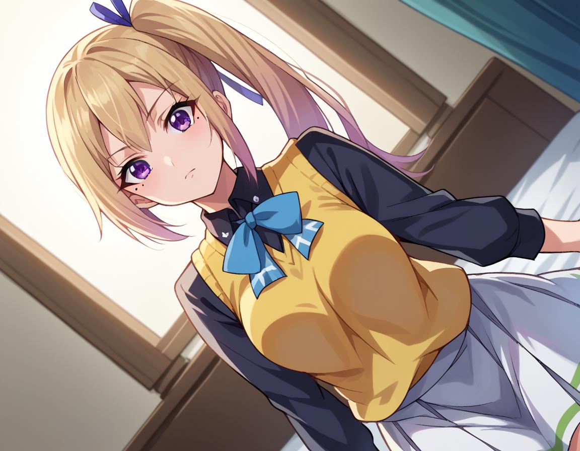 Anime girl with long blonde hair and blue bow tie in a room - SeaArt AI