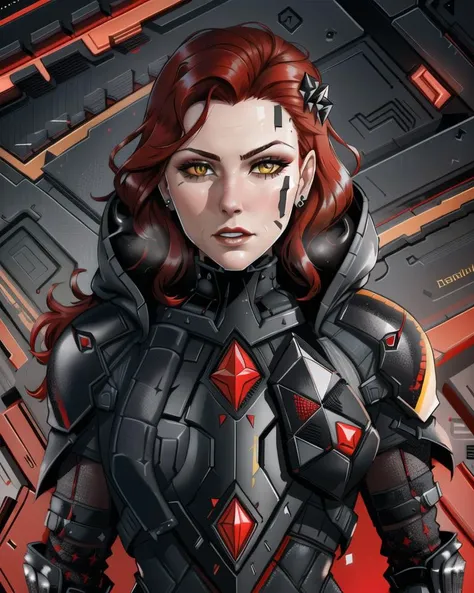 dxhr style <lora:dxhr:0.8>, mid shot of black widow, detailed face, red hair, costume with faceted sierpinski triangular fractal pattern yellow accents, padded armor