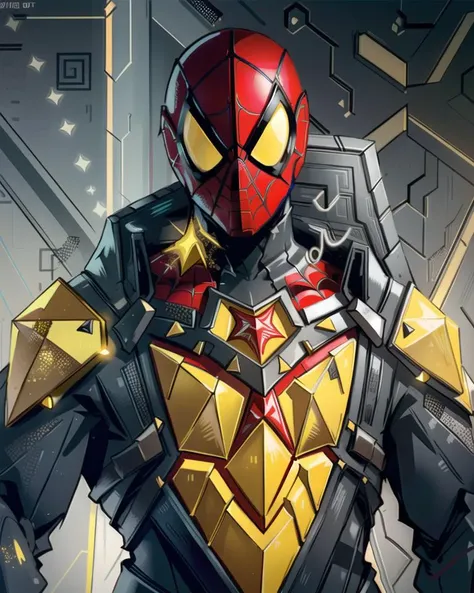 dxhr style <lora:dxhr:0.8>, mid shot of spiderman, costume with faceted triangular fractal pattern yellow accents, armor