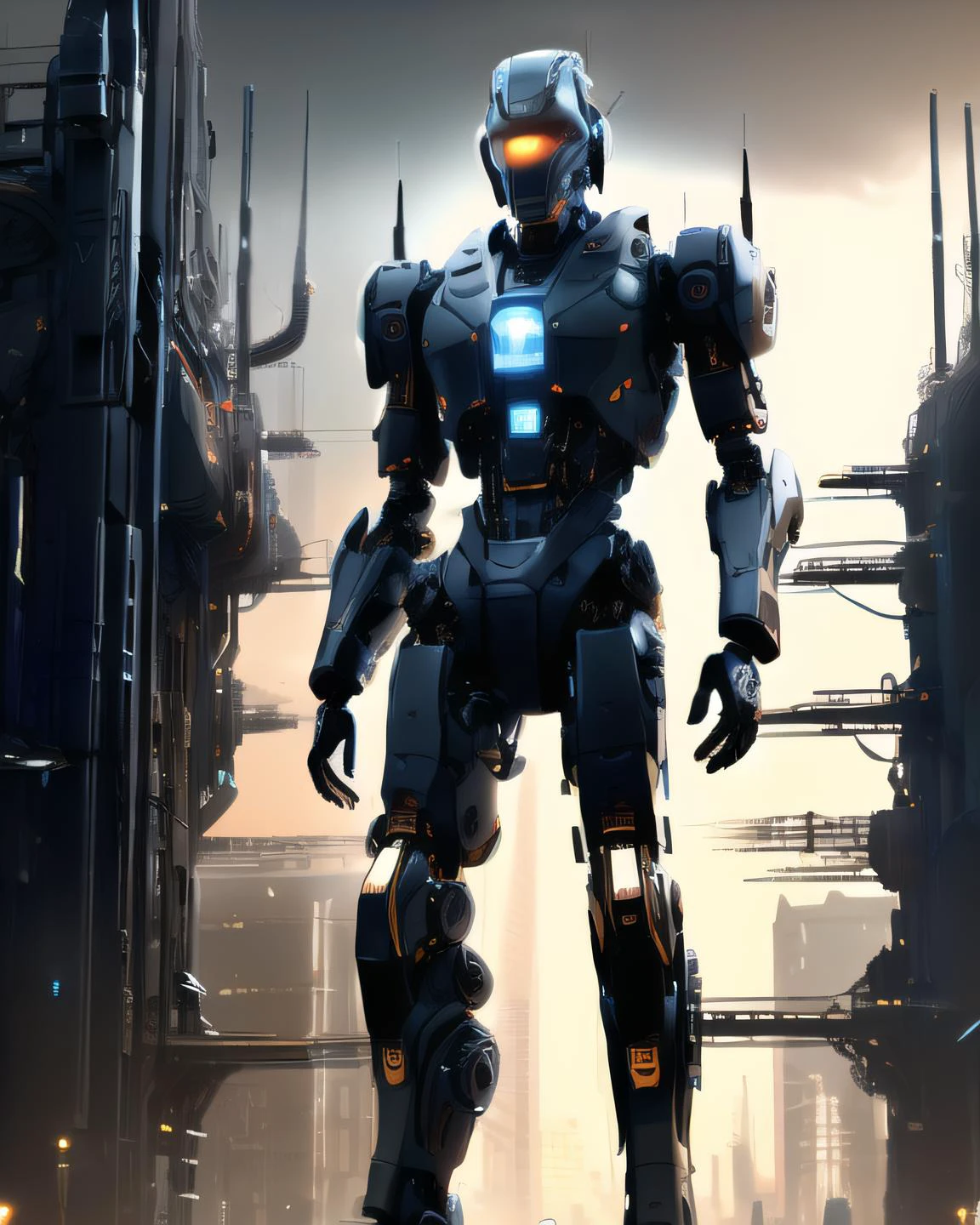 A full body photograph of a cyborg man wearing pants,shirtless,<lora:dxhr_v2:0.71>,style,render,dxhr BREAK in the background,<lora:Machine_World_SD15_version-000009:0.7>,donmm4ch1n3w0rld,landscape,fortress,factory,flower,metropolis,gate,