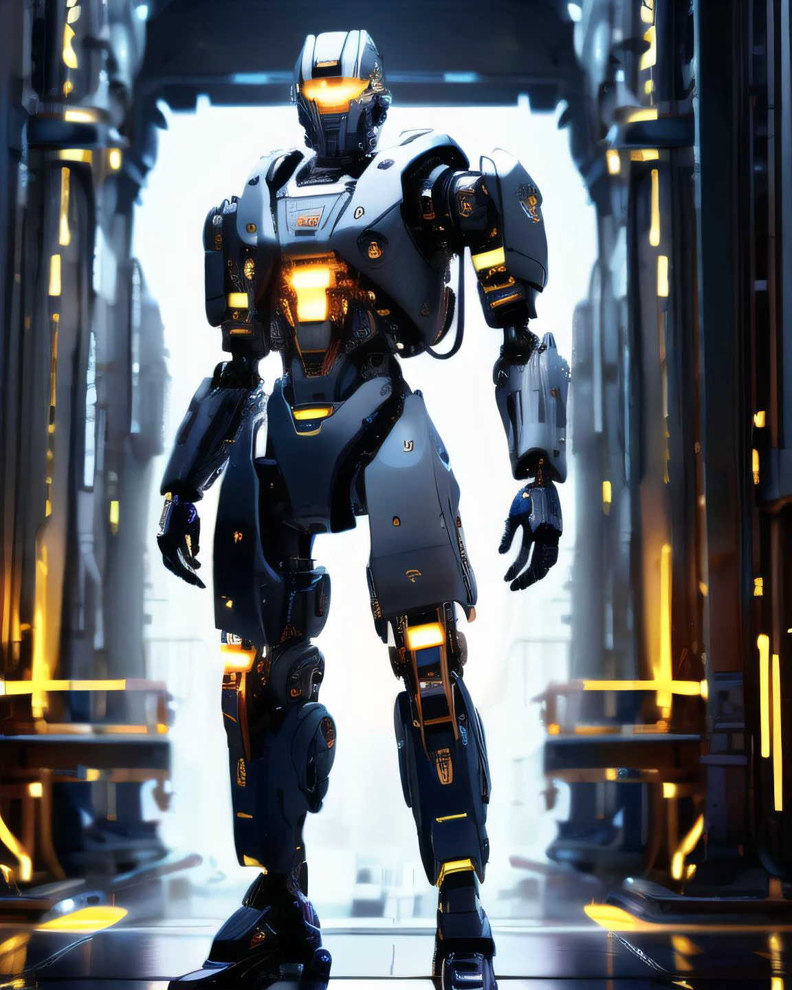 A full body photograph of a cyborg man wearing pants,shirtless,<lora:dxhr_v2:0.71>,style,render,dxhr BREAK in the background,<lora:Machine_World_SD15_version-000009:0.7>,donmm4ch1n3w0rld,landscape,fortress,factory,flower,metropolis,gate,