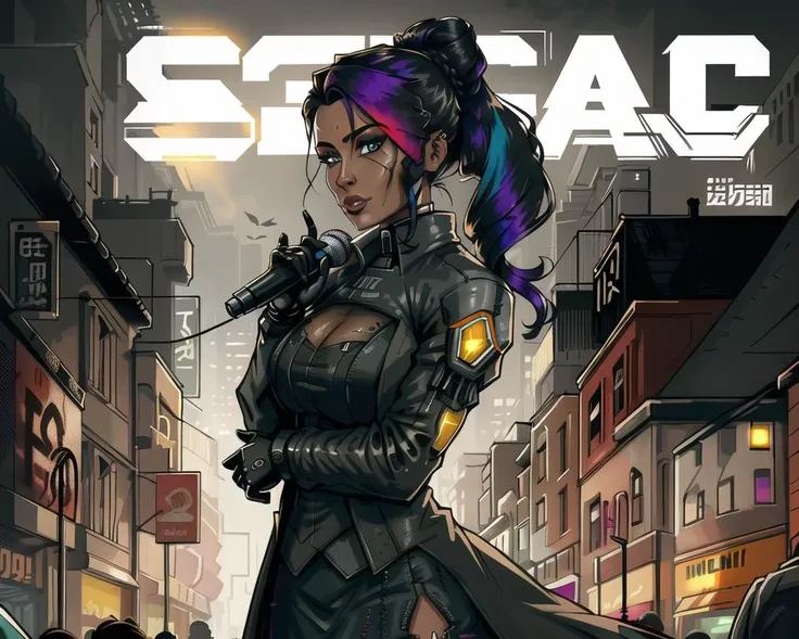dxhr style <lora:dxhr:0.8>, close up shot of a female cyborg reporter, wearing a dark embroidered sleek open overcoat, shirt, skirt, cyborg robotic face, holding up a mic, colourful detailed long hairstyle updo with dye, standing on the street, amongst a crowd, interviewing a person, cover art, comic book style, towards camera, daytime