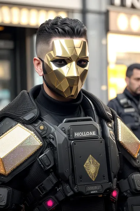 raw photography, dxhr style <lora:dxhr:1>, mid shot of a male police officer, detailed wavy short hair, standing on the street, (wearing golden full face holographic faceplate armor mask), black riot metallic fractal intricate sierpinski triangle pattern armor, obscured face, no eyes, overcast, professional hdr photography, police text, towards camera, sharp focus, shallow depth of field, daytime