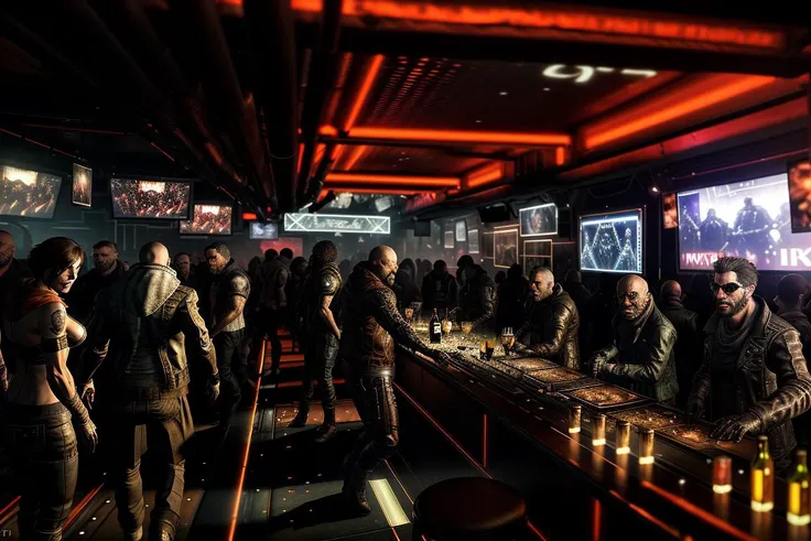dxhr style <lora:dxhr:1>, raw photography, nightlife, nightclub bar, indoors, crowded, many people, sharp focus, professional photography, hdr, low contrast