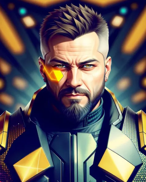 dxhr style <lora:dxhr:1>, concept art, close up portrait shot of a man with short hair, cropped beard, wearing a bulky shiny [metallic|stone] golden skintight fractal sierpinski triangle armor, detailed cybernetic yellow holographic eyes, extremely detailed cyborg face and body, detailed armor, standing in a (well lit crowded city square plaza), night time, cluttered busy background, intricate details, professional digital art, flat colors, flat shaded