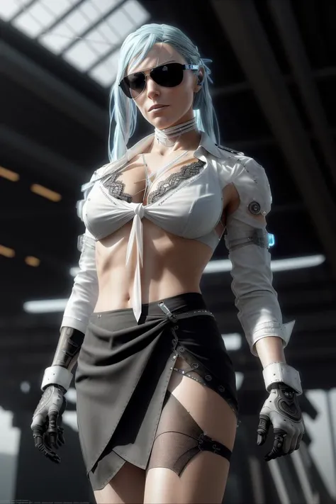 dxhr style <lora:dxhr:1> A photorealistic portrait of a sexy young female stewardess with pale blue hair, wearing aviator sunglasses, faceted fractal pattern metallic black pencil skirt, (unbuttoned and tied white shirt:1.2), chrome black cyborg arm with visible circuitry and exposed wires, standing posing on an airport runway, natural skin texture, 24mm, 4k textures, soft cinematic light, RAW photo, photorealism, photorealistic, intricate, elegant, highly detailed, sharp focus, ((((cinematic look)))), soothing tones, insane details, intricate details, low contrast, daytime, hyperdetailed, exposure blend, hdr