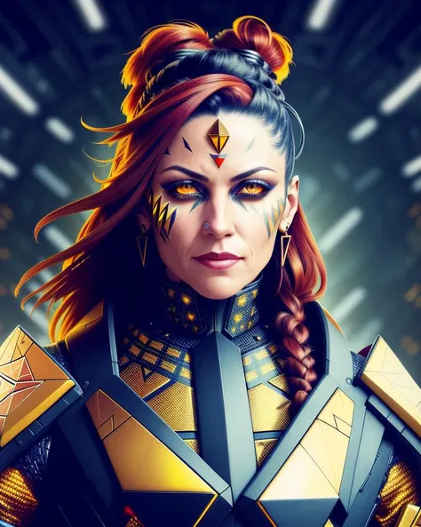 dxhr style <lora:dxhr:1>, concept art, (close up portrait) of a grizzled veteran battle-scarred woman with really long red and black hair, wearing a bulky shiny [metallic|stone] golden skintight full body (fractal pattern sierpinski triangle armor), detailed cybernetic yellow holographic eyes, extremely detailed cyborg face, detailed armor, in a (well lit crowded city square plaza), night time, cluttered busy background, intricate details, professional digital art, flat colors, flat shaded