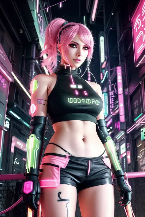 dxhr style <lora:dxhr:1> a sexy woman with [pink:green:0.2] hair wearing a black top and pink shorts, anime cosplayer,posing in an urban street, cyberpunk beautiful girl, cyborg long gloves, (detailed robotic cyborg face:1) with wires and glowing lines, posing in neo - tokyo futuristic, neon tokyo, standing in street