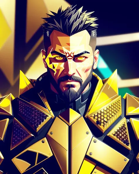 dxhr style <lora:dxhr_v2:1>, concept art, close up portrait shot of a man with short hair, cropped beard, wearing a bulky shiny [metallic|stone] golden skintight fractal sierpinski triangle armor, detailed cybernetic yellow holographic eyes, extremely detailed cyborg face and body, detailed armor, standing in a (well lit crowded city square plaza), night time, cluttered busy background, intricate details, professional digital art, flat colors, flat shaded