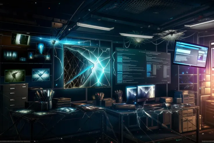 dxhr style <lora:dxhr_v2:1>, raw photography, office, cluttered room, desk, screens, hologram, dusty, sharp focus, professional photography, hdr, low contrast