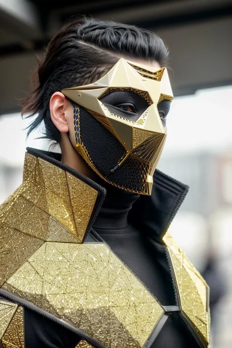 raw photography, dxhr style <lora:dxhr_v2:1>, mid shot of a male police officer, detailed wavy short hair, standing on the street, (wearing [golden::0.5] faceted full face holographic faceplate armor mask blindfold), black riot gear with metallic fractal intricate sierpinski triangle pattern armor, obscured face, no eyes, overcast, professional hdr photography, police text, towards camera, sharp focus, shallow depth of field, daytime