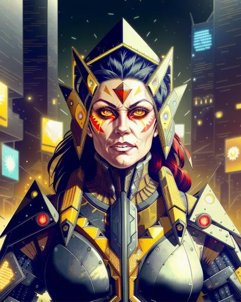 dxhr style <lora:dxhr_v2:1>, concept art, (close up portrait) of a grizzled veteran battle-scarred woman with really long red and black hair, wearing a bulky shiny [metallic|stone] yellow skintight full body (fractal pattern sierpinski triangle armor), detailed cybernetic yellow holographic eyes, extremely detailed cyborg face, detailed armor, in a (well lit crowded city square plaza), night time, cluttered busy background, intricate details, professional digital art, flat colors, flat shaded