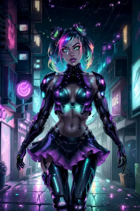 dxhr style <lora:dxhr_v2:1>, A mesmerizing female cyberpunk street artist, creating a vivid and detailed holographic mural in a neon-lit urban alleyway, ([Diane Lane|Scarlett Johansson|Kate Upton]:0.8), closeup, Amazing fine detail, glowing eyes, [(colorful explosion psychedelic paint colors:1.21)::0.15], detailed background, green eyes, detailed clothes, skinny, shiny glossy skin, double bun, bangs, frills, skirt, rich colors, lifelike texture, dramatic lighting, well lit, trending on ArtStation