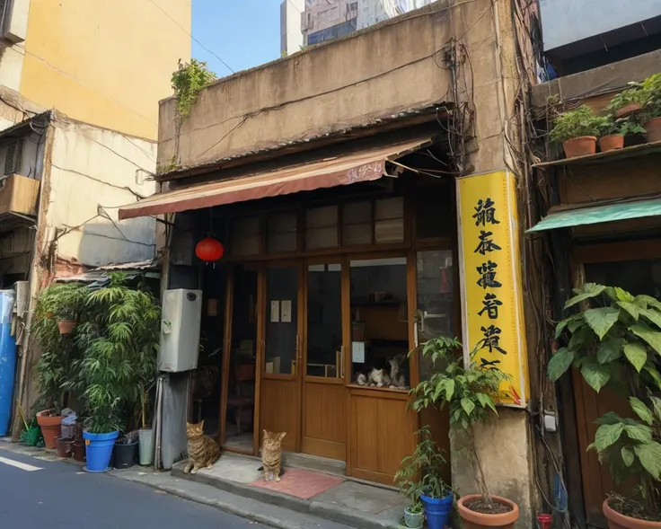 best quality,masterpiece,highly detailed,ultra-detailed,, italian , a yellow female  1gril,[julie benz:jennifer hudson:0.3]<lora:neg4all_bdsqlsz_V3.5:-1> oldtaipei, scenery, outdoors, potted plant, plant, air conditioner, window, building, day, door, squatting, street, sign, solo, cat, no humans, road, shop, power lines <lora:oldtaipei:0.75>portrait,  close-up,