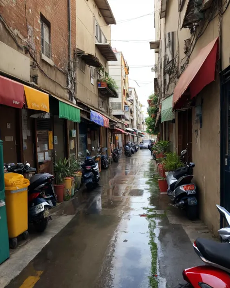best quality,masterpiece,highly detailed,ultra-detailed,, italian , a black female  1gril,[demi moore:april bowlby:0.3]<lora:neg4all_bdsqlsz_V3.5:-1> oldtaipei, motor vehicle, scenery, no humans, ground vehicle, plant, road, power lines, potted plant, car, outdoors, street, alley, building, rain, city, real world location, umbrella, day, scooter, utility pole, motorcycle, sign, trash can, pavement <lora:oldtaipei:0.75>portrait,