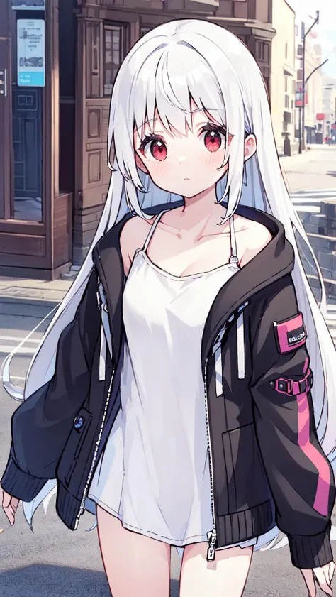 (masterpiece:1.2),best quality,perfect anatomy,extremely detailed,
BREAK
cute girl,solo,shiny skin,very long hair,small breasts,
cute eyes,(red eyes:1.3),(white hair:1.4),
BREAK
white shirt,jacket,open jacket,
BREAK
city,street,
BREAK
looking at viewer,character focus,dynamic pose,
BREAK