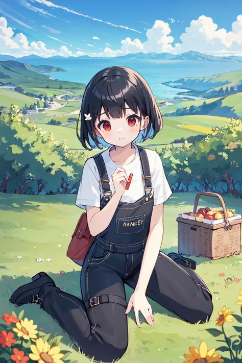 (masterpiece:1.2),best quality,perfect anatomy,extremely detailed,
BREAK
cute girl,solo,shiny skin,short hair,small breasts,
cute eyes,(red eyes:1.3),(black hair:1.4),
BREAK
white shirt,overalls,
BREAK
mountain,cloud,bird,blue sky,mat,flower,
BREAK
looking at viewer,character focus,dynamic pose,sitting,wariza,water,picnic,picnic basket,from front,
BREAK