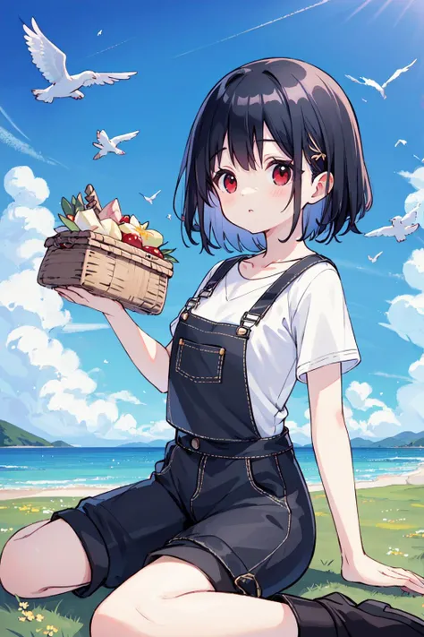 (masterpiece:1.2),best quality,perfect anatomy,extremely detailed,
BREAK
cute girl,solo,shiny skin,short hair,small breasts,
cute eyes,(red eyes:1.3),(black hair:1.4),
BREAK
white shirt,overalls,
BREAK
mountain,cloud,bird,blue sky,mat,flower,
BREAK
looking at viewer,character focus,dynamic pose,sitting,wariza,water,picnic,picnic basket,from front,
BREAK