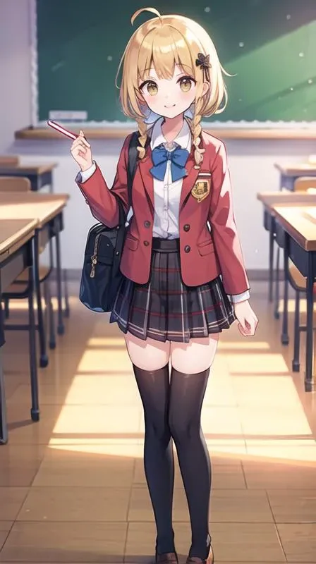 1girl,solo,school uniform,red jacket,brown skirt,plaid skirt,pleated skirt,school bag,bowtie,white thighhighs,hair ribbon,
blonde hair,brown hair,short hair,short hair with long locks,twin braids,sidelocks,ahoge,
brown eyes,smile,
looking at viewer,standing,
indoors,classroom,school desk,
