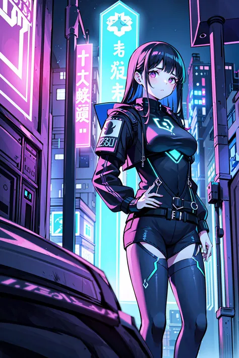 ((best quality, masterpiece, absurbres)) Intricate Patterns, Medium Shot, Bold Colors, Deep Purple, Emerald Green, Midnight Blue, 1 Girl, Cyberpunk Style, Neon-lit Street, Moody Lighting, dynamic poses