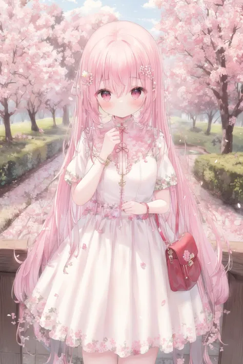 1girl,pink hair,long hair,solo,outdoors,dress,hair ornament,white dress,very long hair,looking at viewer,pink flower,bangs,day,flower,hair between eyes,blush,short sleeves,petals,hairclip,cherry blossoms,shushing,building,bag,red eyes,standing,pink eyes,closed mouth,tree,hand up,(masterpiece),(highest quality),highres,(an extremely delicate and beautiful),(extremely detailed),Amazing,finely detail,,<lora:é¬¼éèStyle_V4:1>