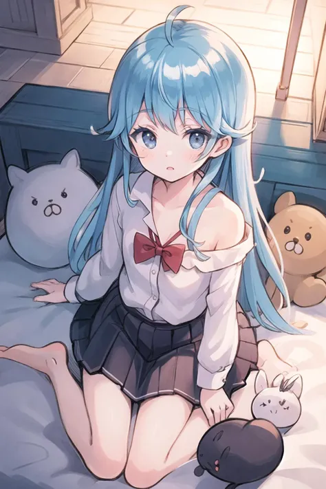 masterpiece, best quality,1girl, (kbxll:0.6), touwa erio, blue hair,  white school uniform, bedroom, small stuffed toy,  stars
<lora:erio:1>