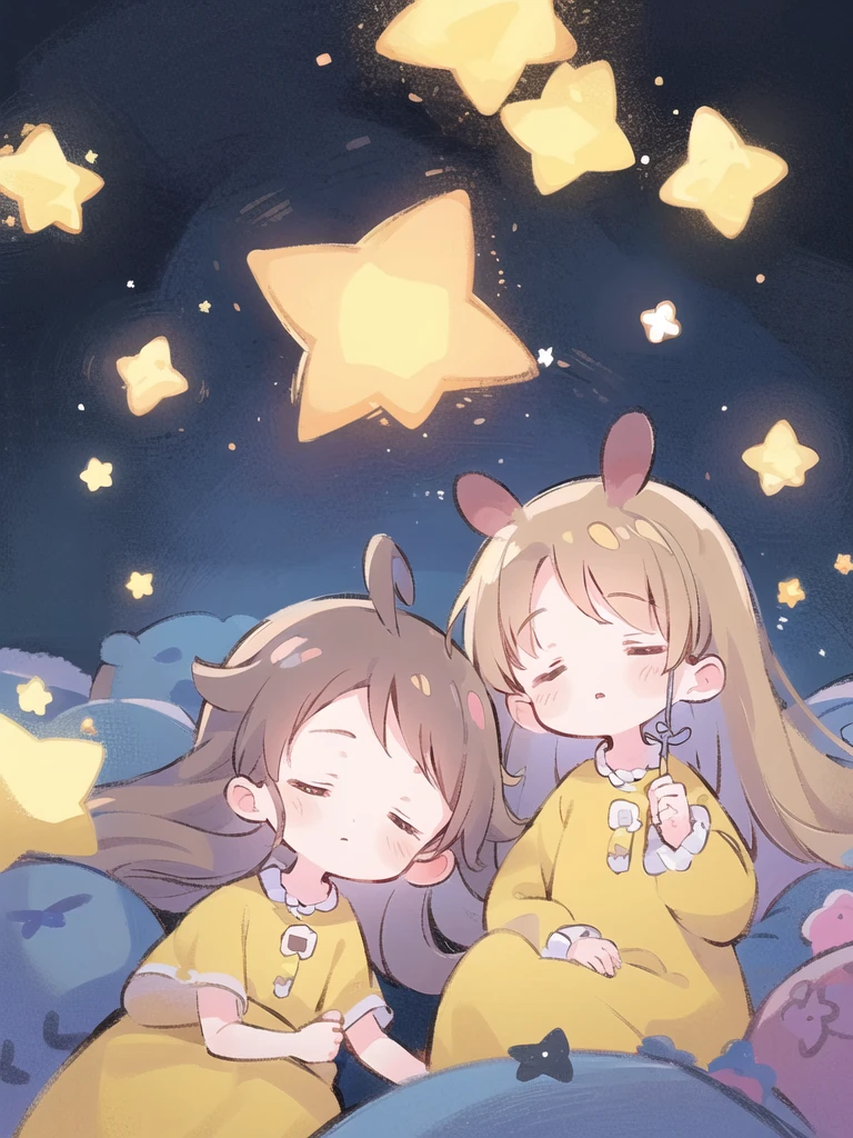 Best quality, masterpiece, ultra high res, clean facial features, flat desigen, wide shot, face to viewer,
(two girls), head to head, sitting pose, close to each other, (sleeping:1.3), (both eyes closed:1.3),
cute yellow dress, kawaii, simple background, cure, zhiyu, <lora:cure v1:0.6>, <lora:starlight:0.4>, star, glowing in the dark
