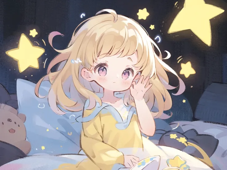Best quality, masterpiece, ultra high res, clean facial features, flat desigen, yellow theme,
1 girl, light beige hair, indigo eyes, (sleepy eyes:1.1), (cute yellow night dress), kawaii, one hand on the face, bed time, messy long hair,
( simple dark background), <lora:starlight:0.5>, huge star, glowing in the dark, cure, zhiyu, <lora:cure v1:0.7>