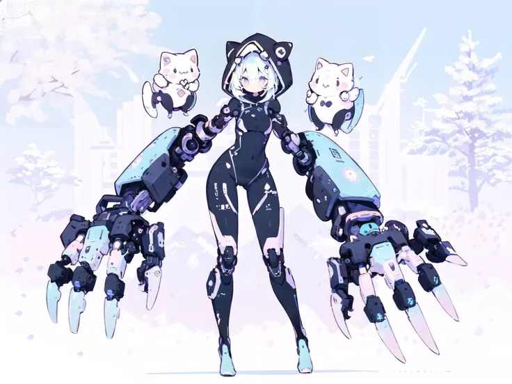 (cute illustration:1.5),(pastel colors:1.4), (cute,kawaii,sweet:1.2),
(1girl:1.4),oversized hooded jacket, bodysuit, cyborg girl,cat,
gigantic mechanical arms,dynamic pose,
<lora:MechanicalArms_v01:0.7>