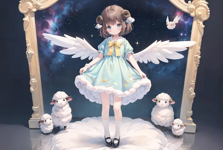 ((masterpiece, highest details, solo)), 1girl, angel, (short hair, dark brown hair), blunt bangs, blue eyes, (pastel blue frilled dress with pufffy short sleeves), (angel wings), cloud hair ornament, (sheep girl), (stuffed sheep), golden gate, yellow bowtie, peter pan collar, full body, white ankle socks, (closed mouth, smile), stars, starry background, ((galaxy)), ((brown mary janes)), (Best quality), (Extremely Detailed CG Unity 8k Wallpaper), (high resolution), (Best background details:1.26), (Best character details:1.36) <lora:add_detail:1>