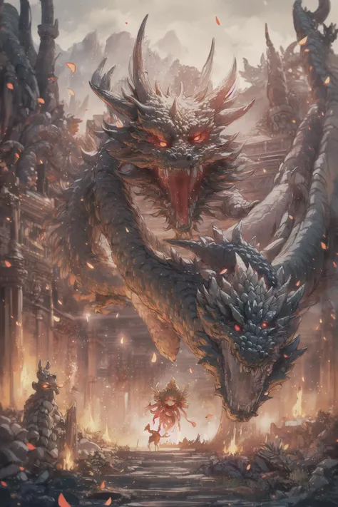 <lora:dragon_real_base_V1:1> , Dragon_Real, Flame Long dragon, Chinese dragon, paws, serpentine body, sharp eyes, ((best quality)), ((masterpiece)), ((realistic)), ((18-year-old girl in Chinese clothes, flowing hair adorned with a beautiful hair ornament, standing amidst flying flower petals with a majestic dragon wrapped around her)), Haircut model by Choppy layers, possed is Standing in the doorway pose, sharp grey-blue, shooting angle is Bird's-eye view,
Be mesmerized by the enchanting sight of an 18-year-old girl donned in elegant Chinese attire, her flowing hair gracefully embellished with a captivating hair ornament. As flower petals sway in the wind around her, a majestic dragon wraps its serpentine body around her, creating a scene of mythical allure. Immersed in the deepest jungle river of a rainforest village, the lush greenery and vibrant flora surround them. Runes adorn the landscape, imbuing an air of ancient mysticism. The duo stands atop a mist-covered mountain, where snow-capped peaks reach for the sky. Soft light illuminates the girl's face, casting gentle shadows and capturing her ethereal beauty. Bokeh and distant neon lights add a touch of magic from afar, creating a dreamlike ambiance. The blurry background further enhances the cinematic quality, drawing attention to the splendid and hyper-detailed composition. Prepare to be captivated by the seamless blend of natural elements and fantasy in this artistic masterpiece.