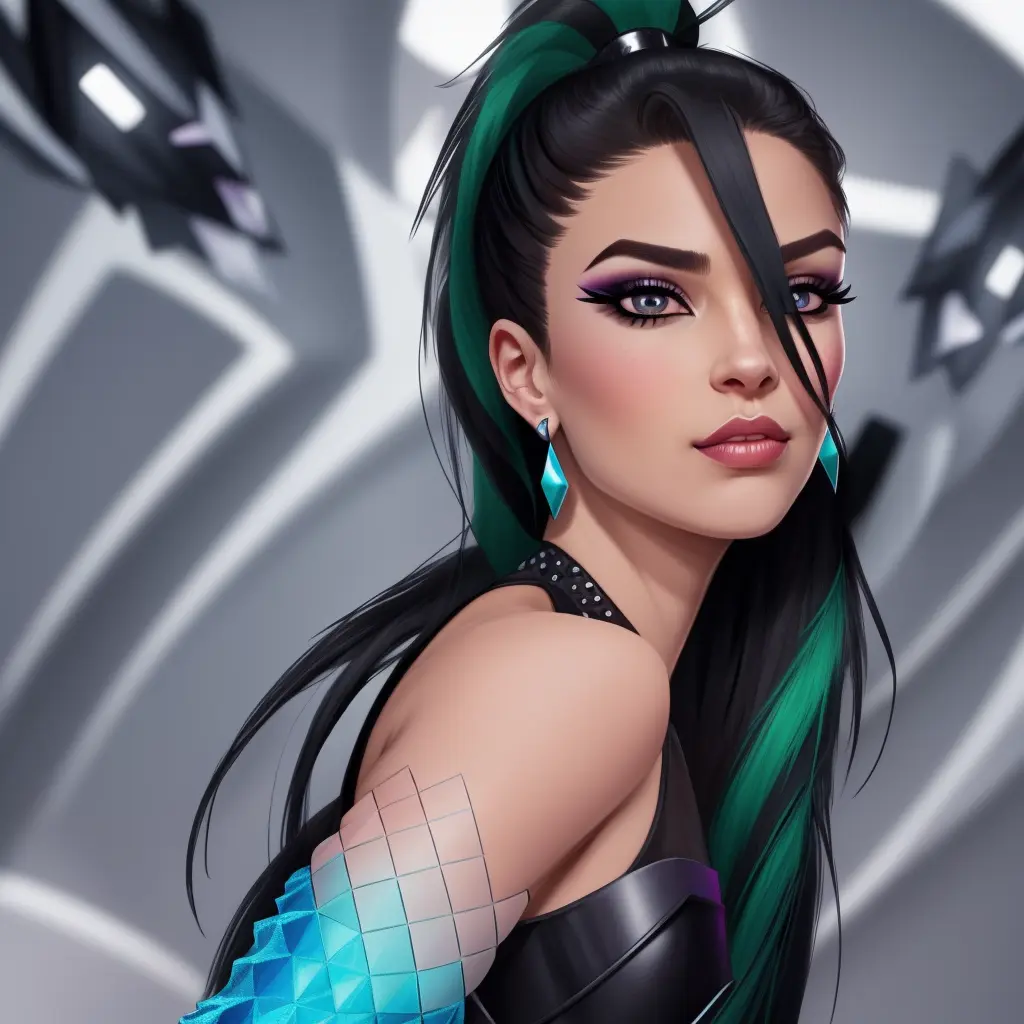 1girl, ((solo)), long hair, ponytail, black hair, jewelry, earrings, makeup, k/da (league of legends), purple eyes, multicolored hair, symmetrical eyes, looking at viewer, multicolored hair, green twisted , perfect eyes, detailed face+eyes, public place background, parted lips, nail polish , full dressed, <lora:kaisaLeagueOfLegends_v10:0.8>