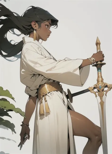 masterpiece,(masterpiece, top quality, best quality),(((flat color))),(spot color ),realistic,long hair, weapon, solo, sword, holding, black hair, tassel, 1boy, holding weapon, male focus, holding sword, white background, jewelry, earrings, floating hair, wide sleeves, simple background, profile, long sleeves, from side, japanese clothes, feet out of frame, very long hair, white robe, tassel earrings, dark skin, standing, robe,