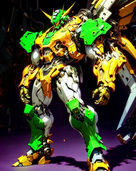 Goldenrod color,  
Full body shot , 1giant the transformers, side view, dynamic angle,
(attack, dynamic pose:1.4), cyber  , robotic(soldier:1.2), brutal armor, heavy metal design, huge robot_wings, lazer blade, rusty,
scattered scraps, sparkle, glowing, 
(subdivision, angular design, carbon-fiber, high-tech, pistons, robotic frame, metal joints, rubber cables, metal bolts, industrial, structures),
rim lighting, two tone lighting, dimly lit, low key,
in a futuristic warzone, hyper-detailed portrayal of a Mech, formidable,
medium_sea_green color,
depth of field, wide angle, golden ratio, leading lines ,best quality, masterpiece, extremely detailed, cinematic, hyperrealistic, illustration, absurdres, octane render, rich textures, accurate anatomy, perfect hands, perfect feet, complete fingers, proper number of limbs,  polished,  intricately detailed,
 <lora:add_detail:0.6> <lora:nijiMecha:0.4>  <lora:epiNoiseoffset_v2:1> <lora:A-Mecha-REN[color_theme,mecha musume, mechanical parts, robot joints,headgear,full armor]:0.6> <lora:FINAL  Robort:0.28> <lora:mecha(mjstyle):0.28>